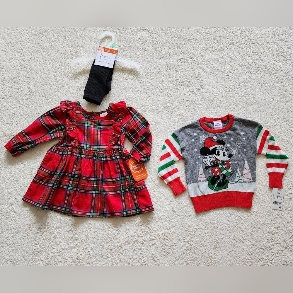 NEW baby girl holiday Christmas dress set and Minnie mouse ugly sweater size 12m